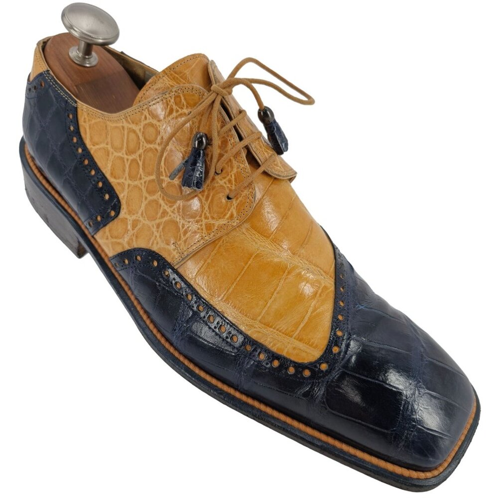 Mauri Vintage Alligator Exotic Mens 12M Honey Tan Navy Blue Dress Shoes Italy